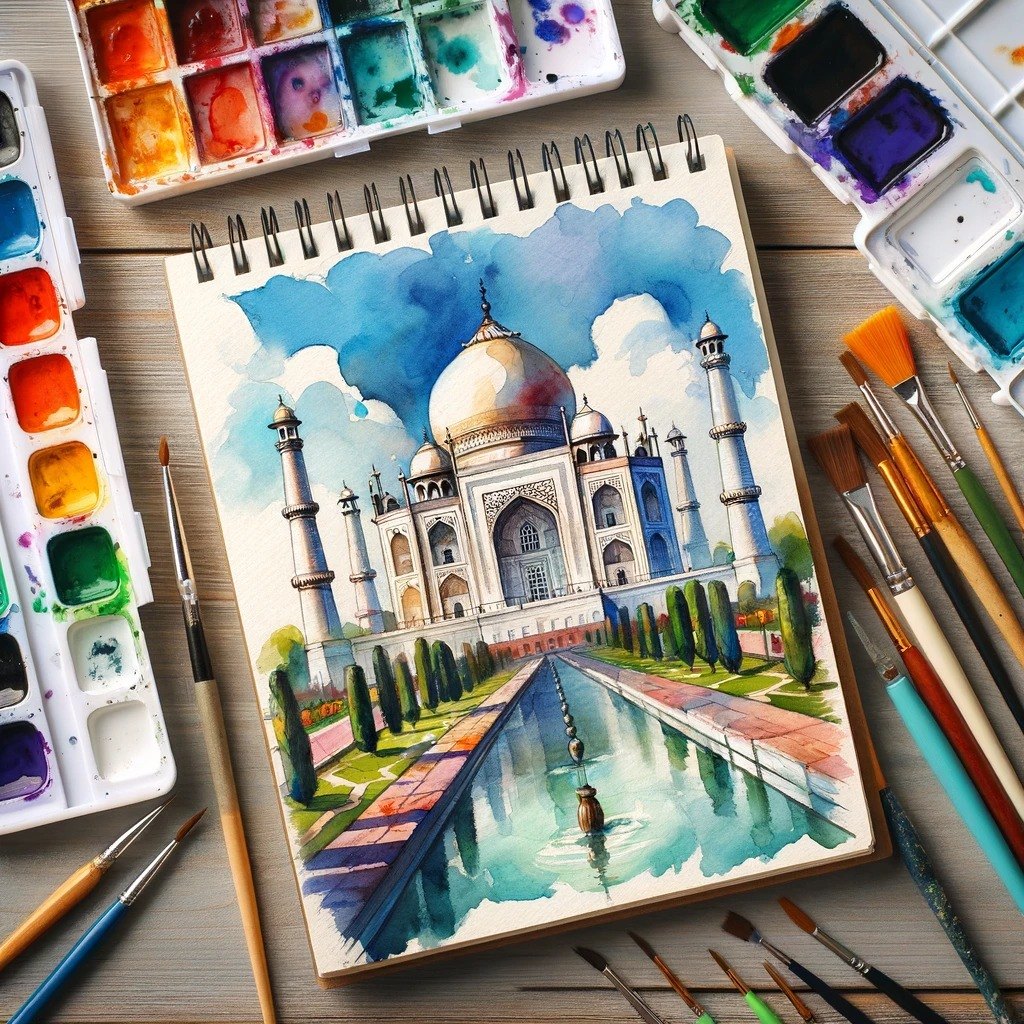 Dibujo en acuarela del Taj Majal y sus jardines