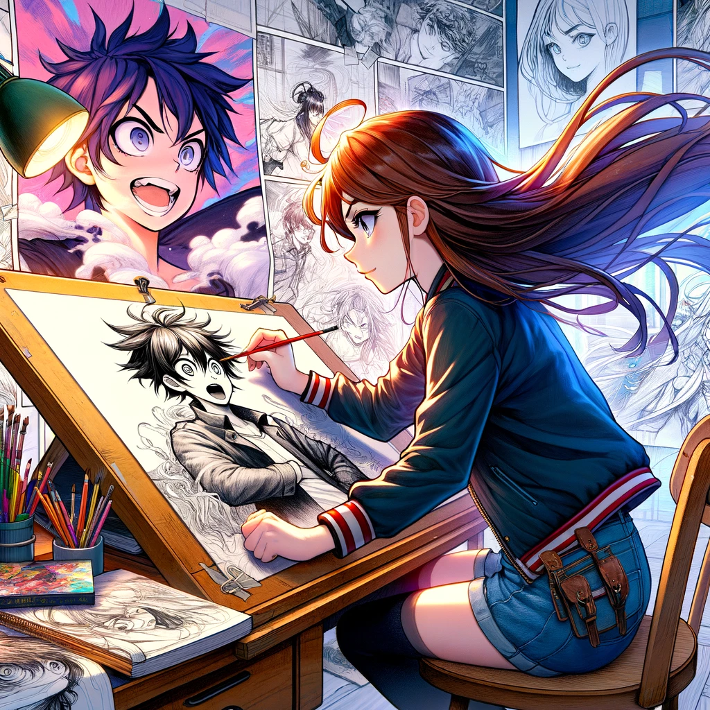 Ilustración manga de una chica dibujando a un chico manga