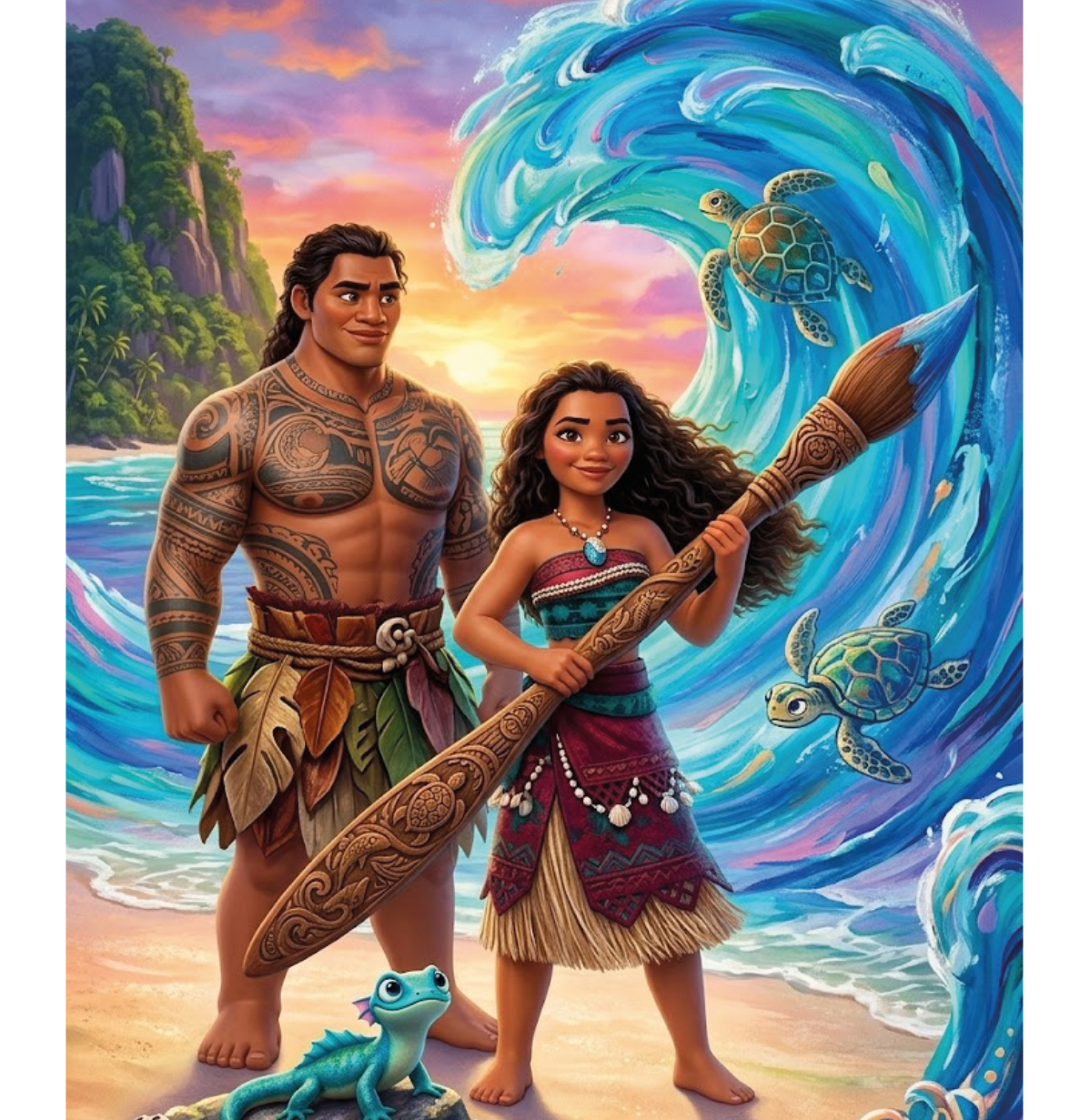 VAIANA CON SU COMPAÑERO CON TATUAJES UNA OLA GIGANTE