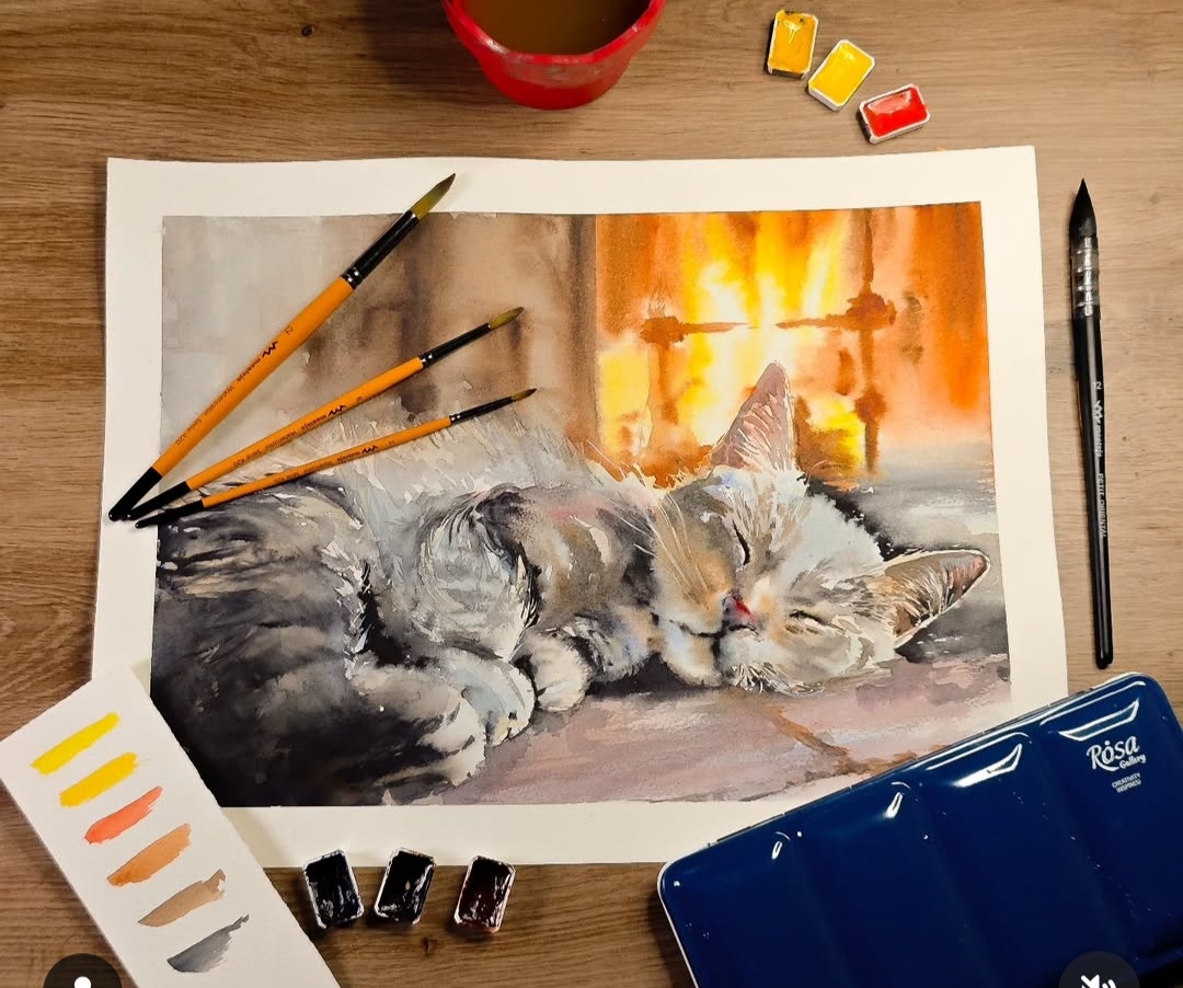 gatito en acuarela cerca de la chimenea