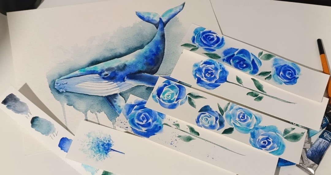 BALLENA Y ROSAS EN ACUARELA
