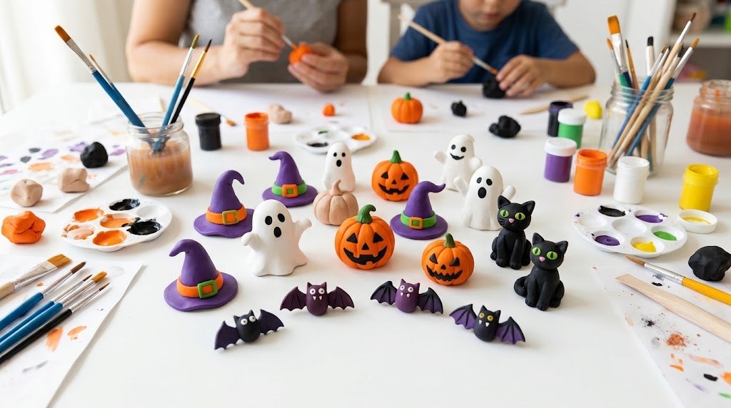 Figuritas de arcilla pintadas: fantasmas, calabazas, gatos negros, murciélagos y sombreros de bruja