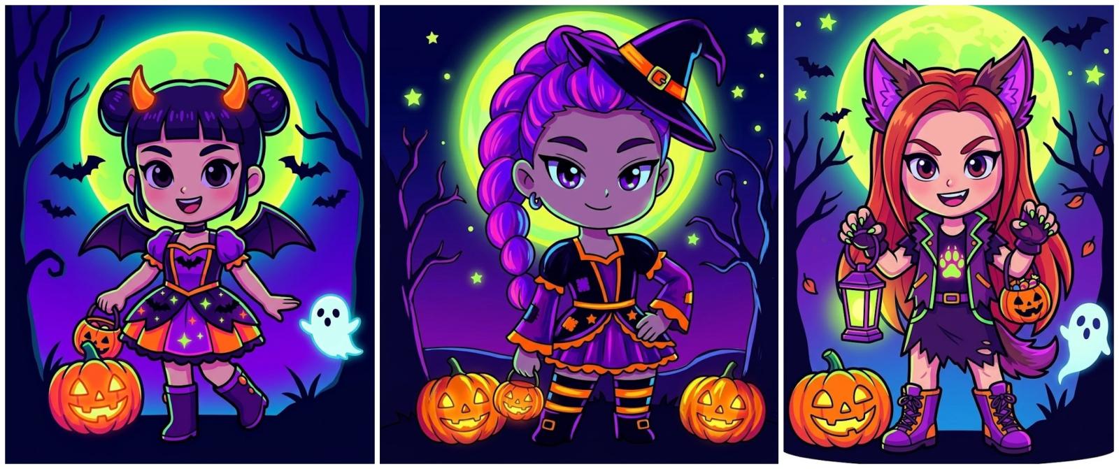 Tres ilustraciones neón de chicas K-pop disfrazadas de diablilla, bruja y lobita en Halloween