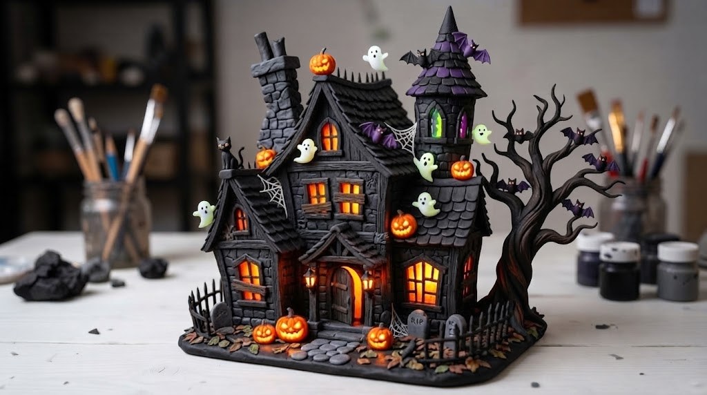 Mansión encantada de arcilla negra con ventanas iluminadas, calabazas, fantasmas y murciélagos