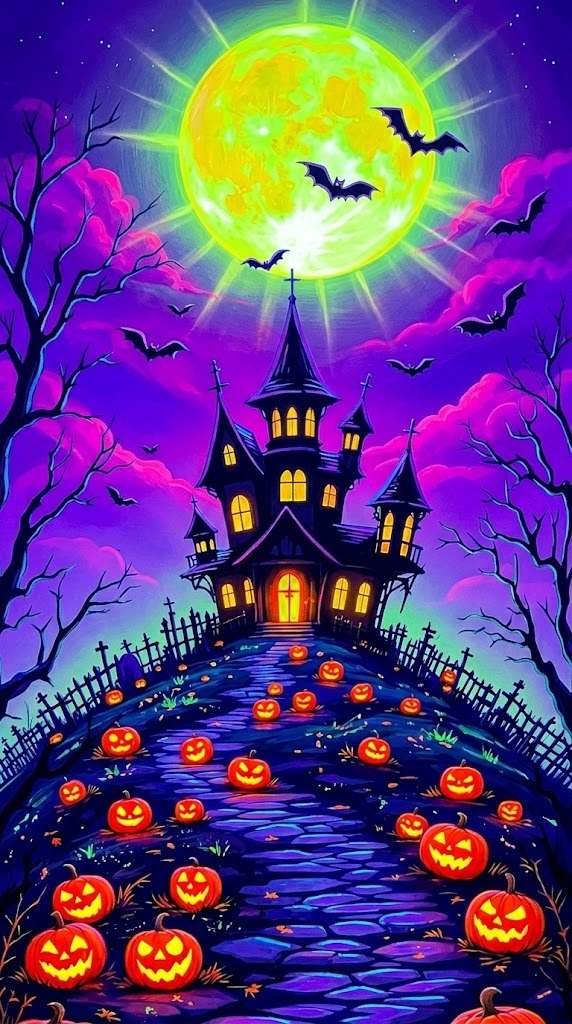 Pintura neón de una casa encantada en una colina con camino de calabazas iluminadas bajo una luna verde