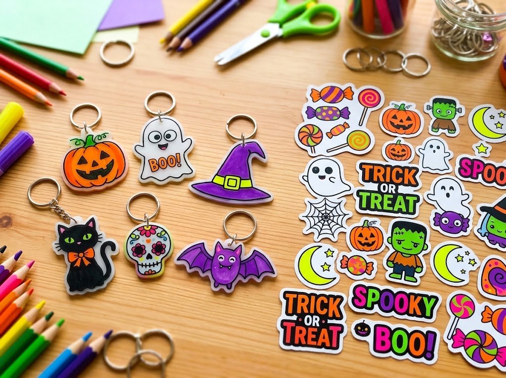 Llaveros de plástico mágico con calabaza, fantasma, gato negro, sombrero de bruja y murciélago, junto a pegatinas de Halloween