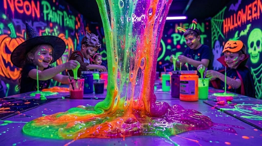 Niños disfrazados haciendo slime fluorescente bajo luz ultravioleta en una sala con paredes de neón