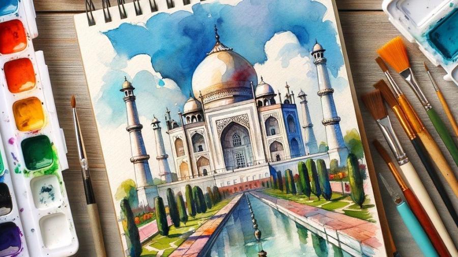 Dibujo en acuarela del Taj Majal y sus jardines