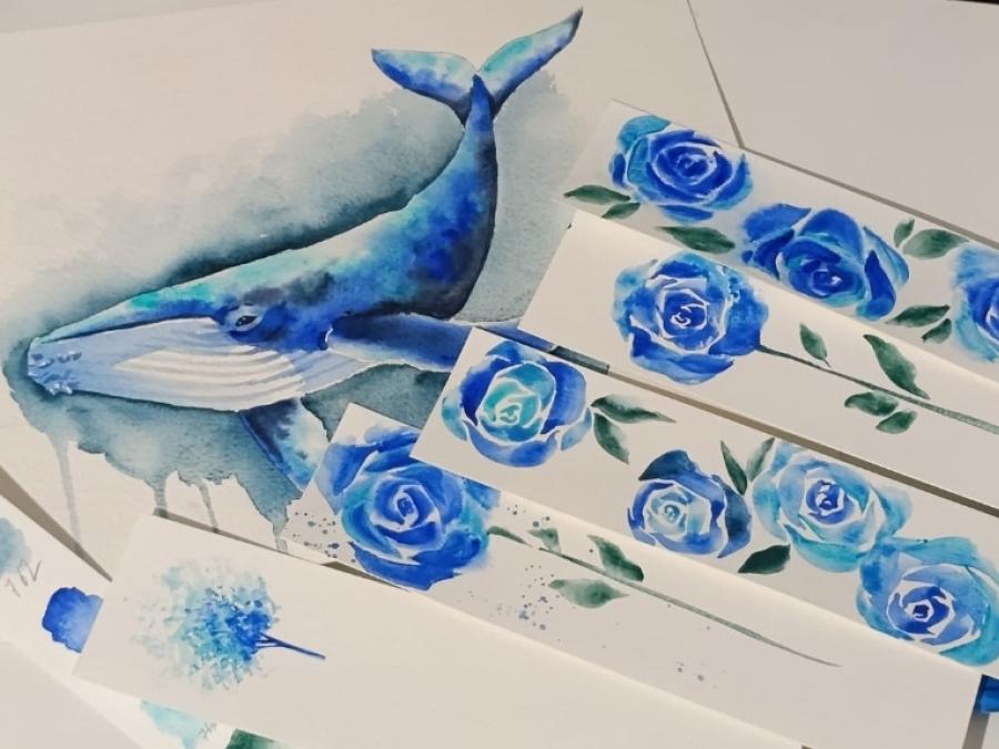 BALLENA Y ROSAS EN ACUARELA
